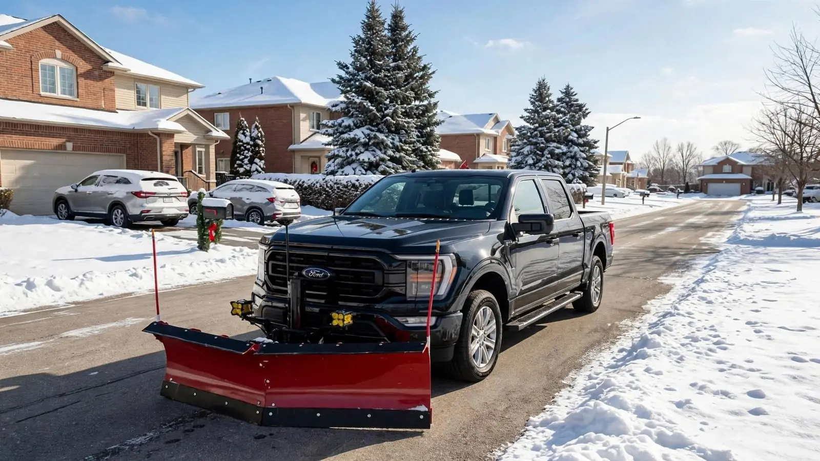 Pickup truck with a red snow plow on a cleared residential street in winter
