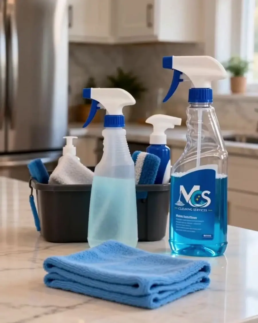 Spray bottles, microfibre cloths and a cleaning caddy on a kitchen counter