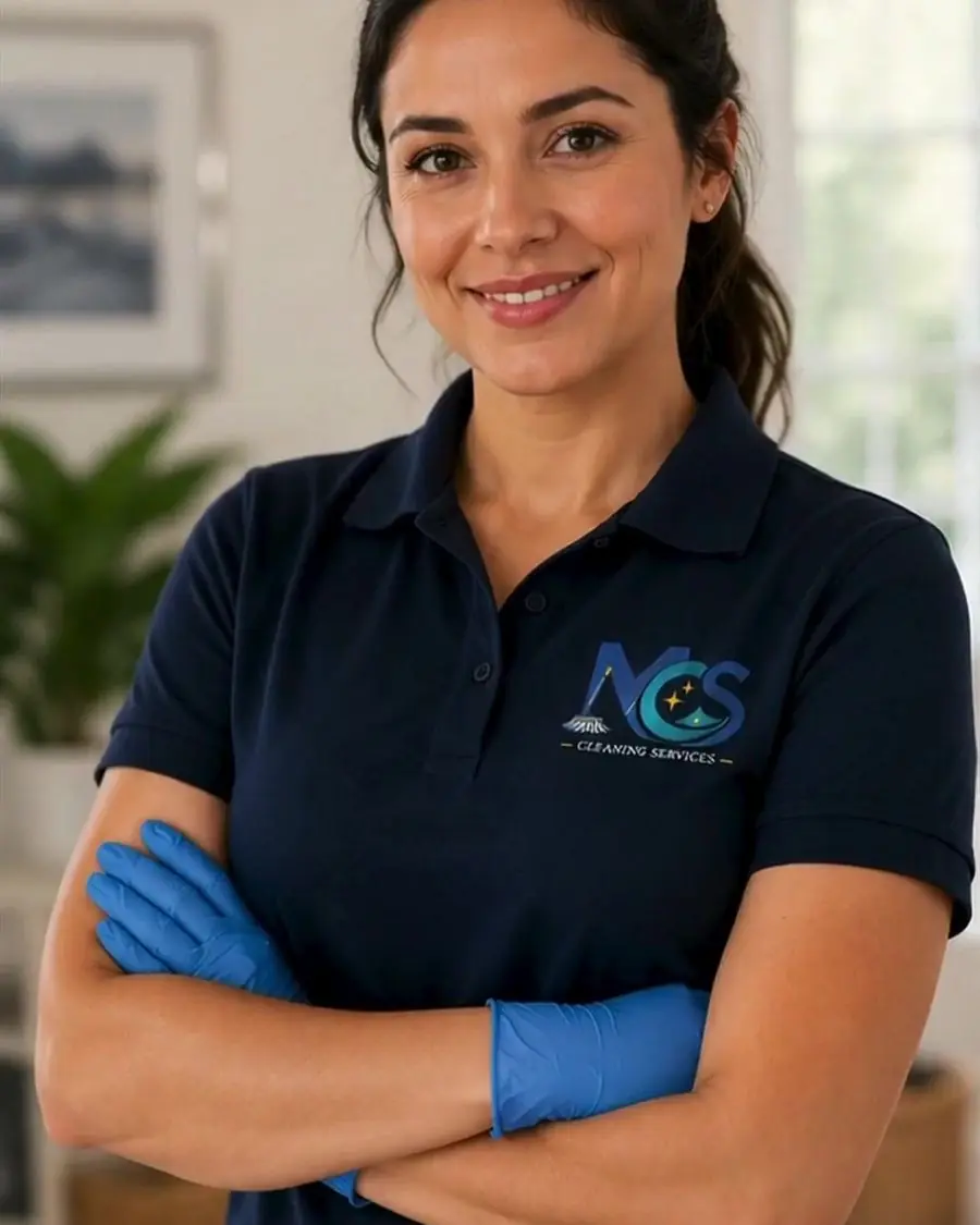 MCS cleaner in uniform with arms crossed