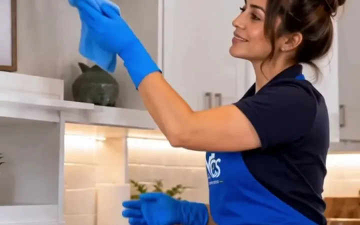 Cleaner dusting kitchen shelves in gloves