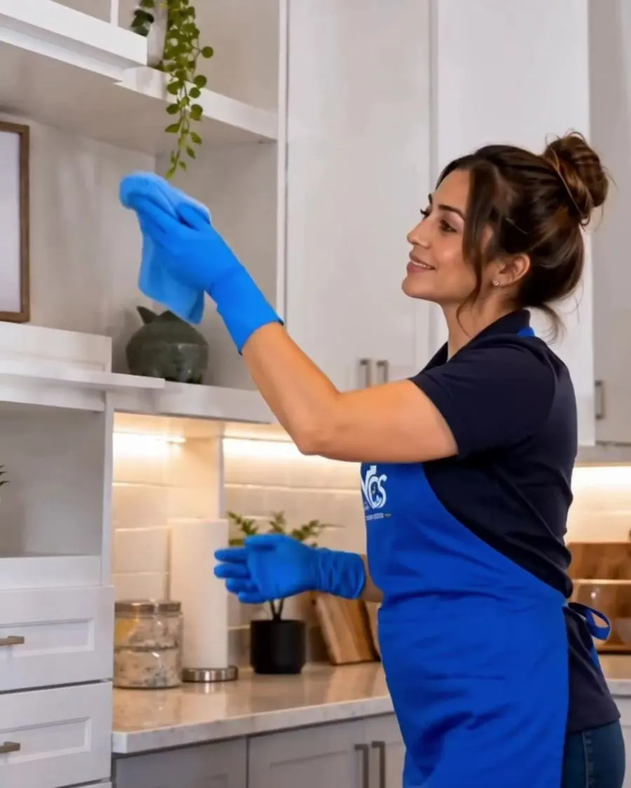 Cleaner dusting kitchen shelves in gloves