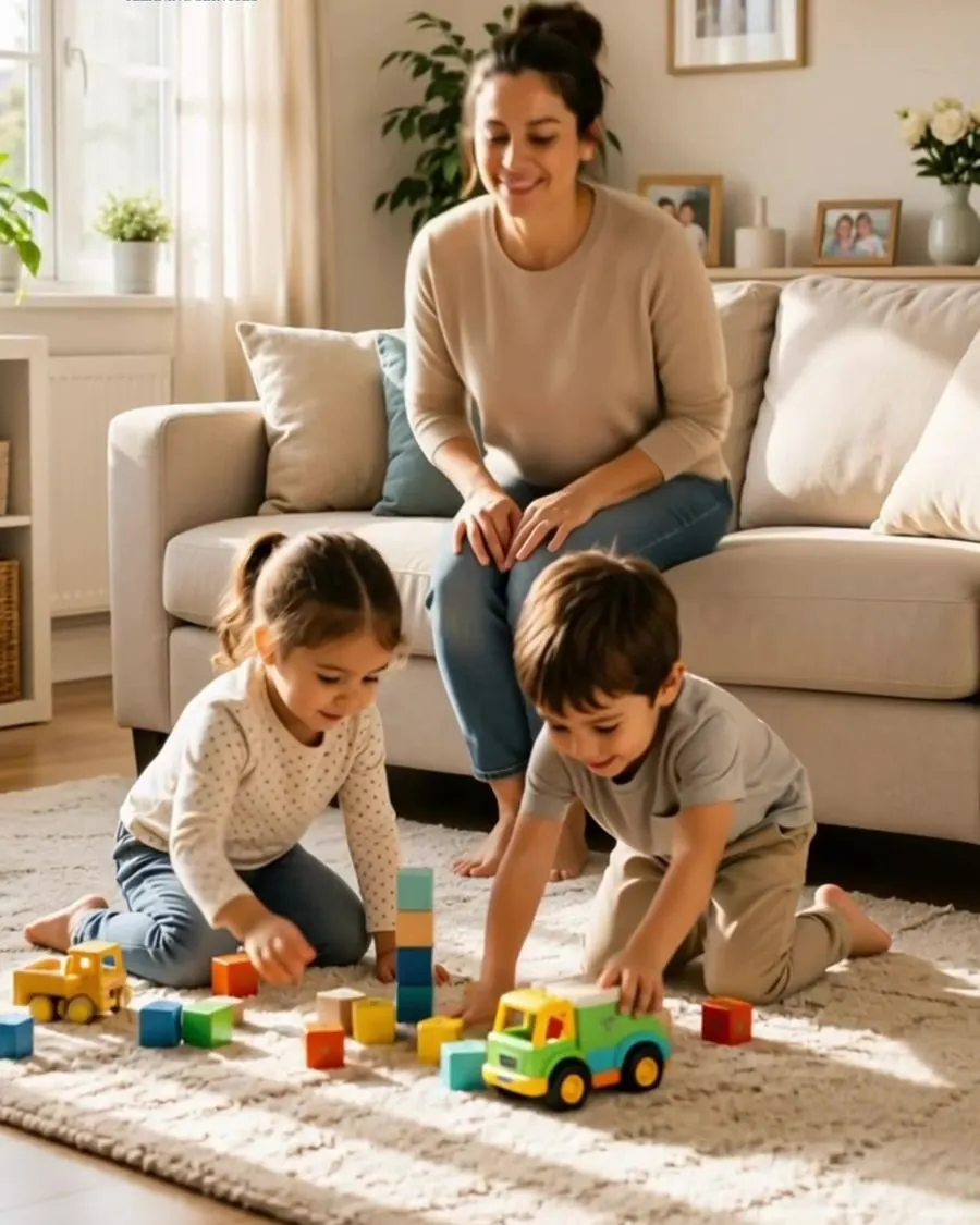 Parent playing with children in a clean living room