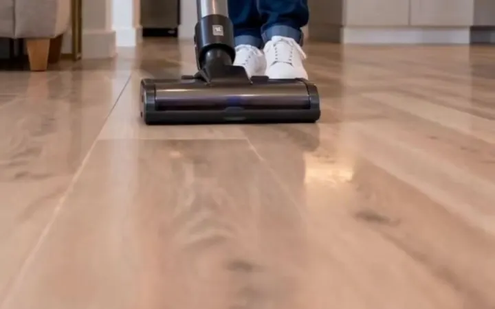 Floor being cleaned in a bright home
