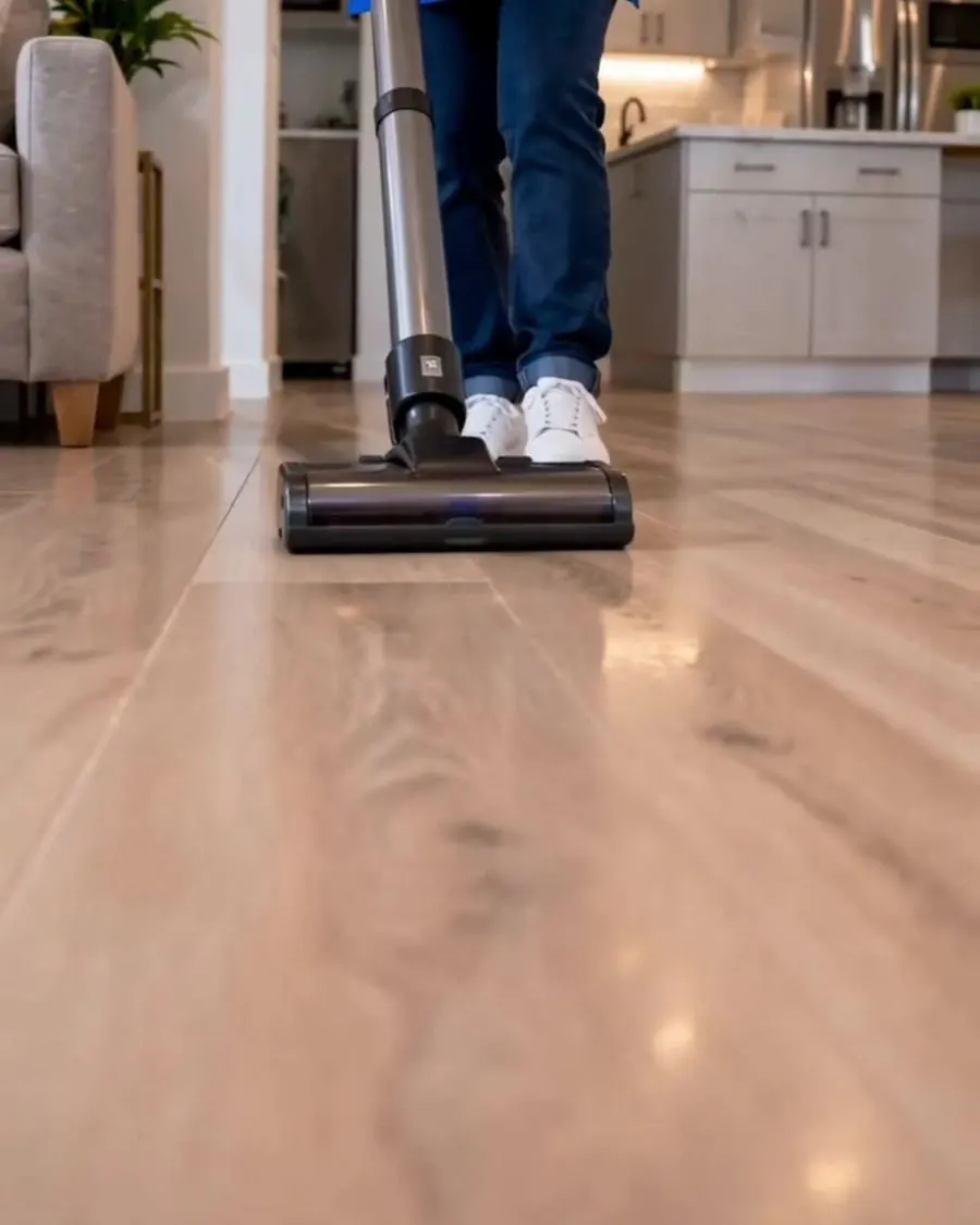 Floor being cleaned in a bright home