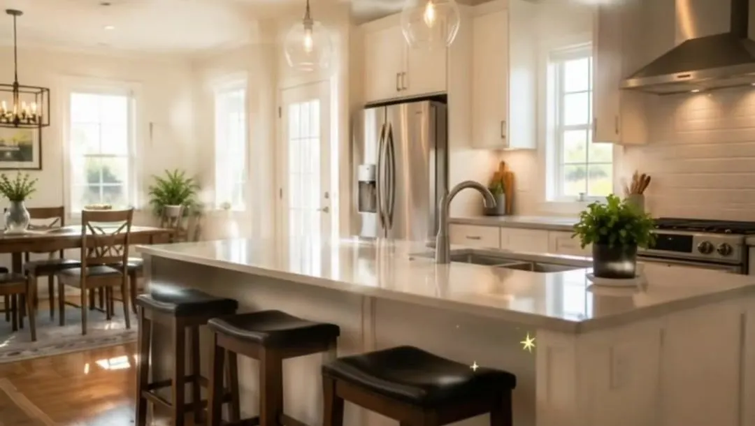Clean kitchen with island and bar stools