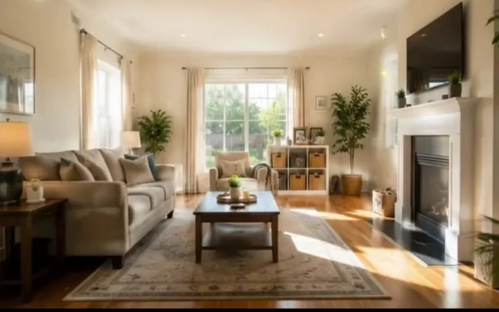 Bright clean living room with large windows and a fireplace