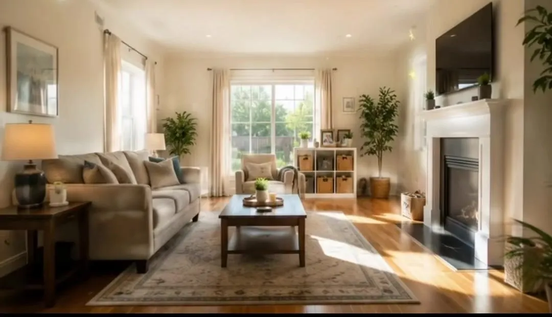 Bright clean living room with large windows and a fireplace