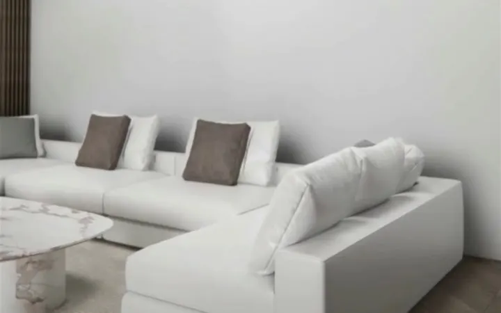 Clean modern living room with a white sofa