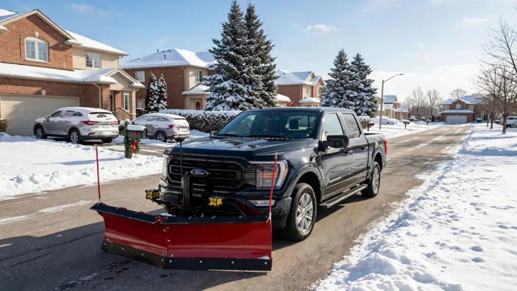 Pickup truck with a red snow plow on a cleared residential street in winter