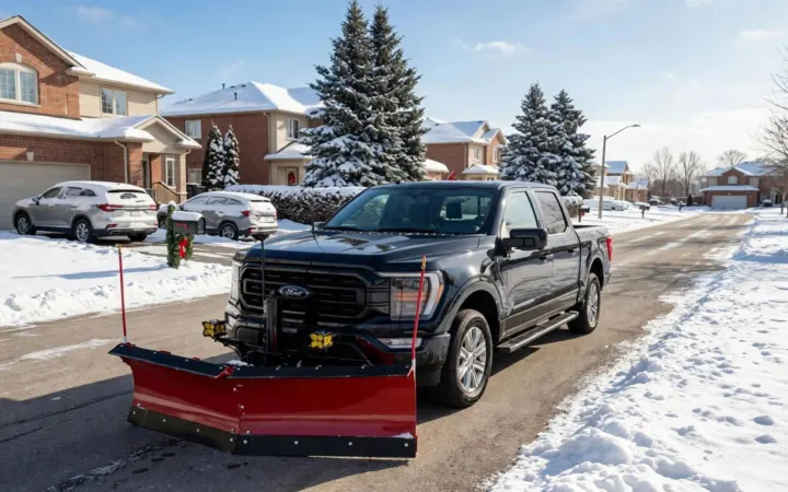 Pickup truck with a red snow plow on a cleared residential street in winter