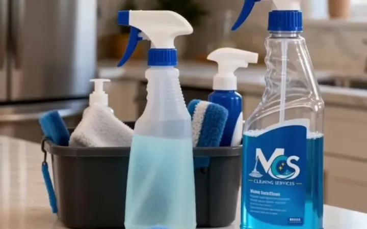 Spray bottles, microfibre cloths and a cleaning caddy on a kitchen counter