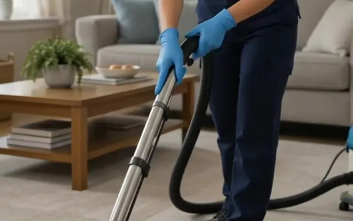 MCS cleaner vacuuming a living room carpet