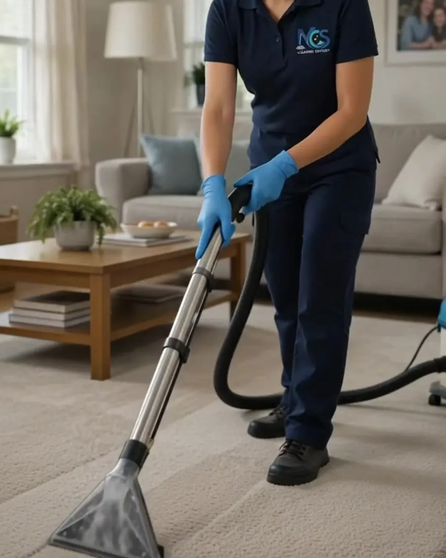 MCS cleaner vacuuming a living room carpet